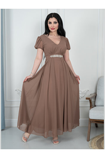 TREN Taupe V-Neck Maxi Dress with Crystal Belt - Elegant Puff Sleeve Evening Gown