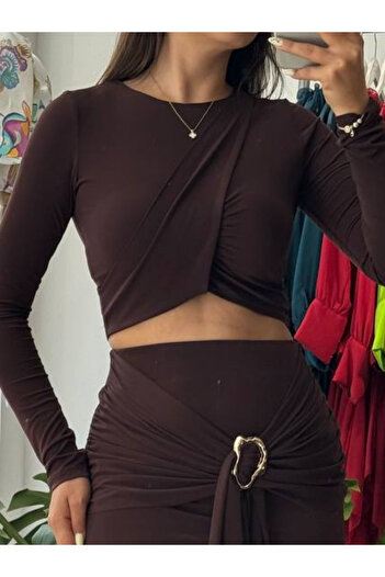 Kinzi Bodycon Crew Neck Long Sleeve Brown Crop Blouse