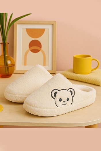 Moda Frato Fluffy Teddy Bear Patterned Women's Home Slippers Winter Wool Slippers Soundproof Casual Comfortable Slippers with Wool Inside