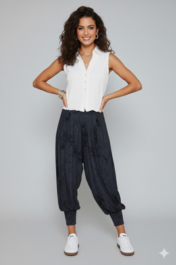 CrazyShopping Women's Cuffed Batik Patterned Viscose-Modal Shalwar Pants with Pockets