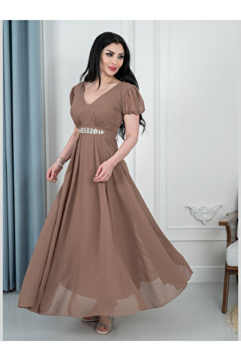 TREN Women's Elegant Maxi Dress - Taupe Puff Sleeve V-Neck with Crystal Belted Waist