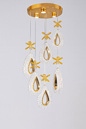 Fer Avize Arel 6lı Modern Led Avize Gold Renk Kristal Görünüm Gün Işığı Enerji Tasarruflu Salon Yemek Odası