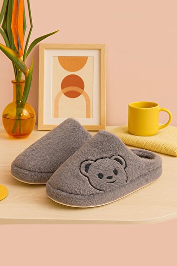 Moda Frato Fluffy Teddy Bear Patterned Women's Home Slippers Winter Wool Slippers Soundproof Casual Comfortable Slippers with Wool Inside