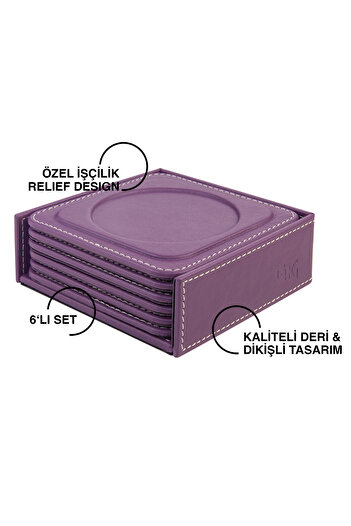 2K Coasters, Set of 6, Desktop Round Cup Coaster, Vegan Faux Leather, 11X11 Cm., Lilac
