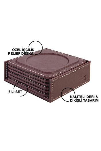 2K Coasters, Set of 6, Desktop Round Cup Coaster, Vegan Faux Leather, 11X11 Cm., Burgundy