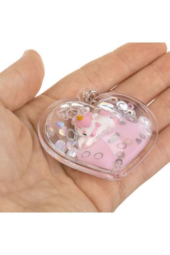 OEM Heart Shaped Keychain with Pink Liquid Confetti Unicorn 6cm