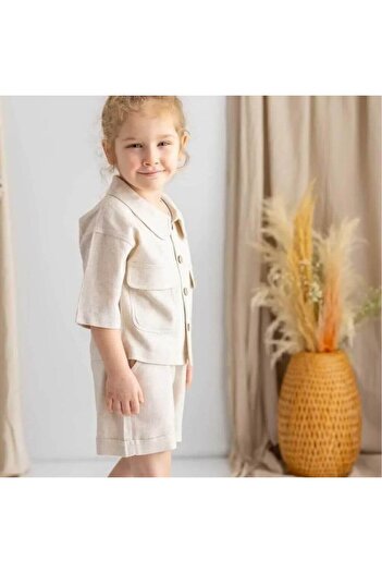 Oliven The Kid Linen Elastic Waist Lace-Up Pocketed Unisex Shorts-Natural