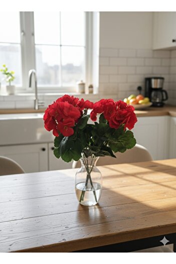YAPAY ÇİÇEK DERYASI Artificial Flower Large Geranium 7 Branches Bunch 40 cm Red Home Pot Decoration