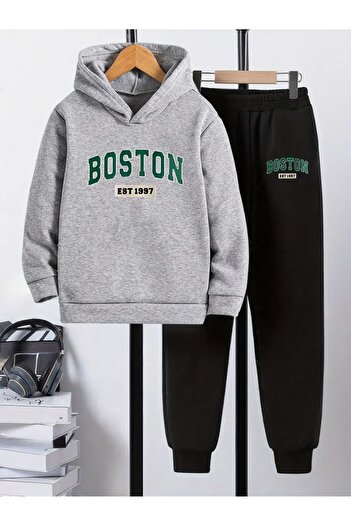 buendiakids Girl/Boy's Grey-Black Boston Printed Hooded Sweatpants Set