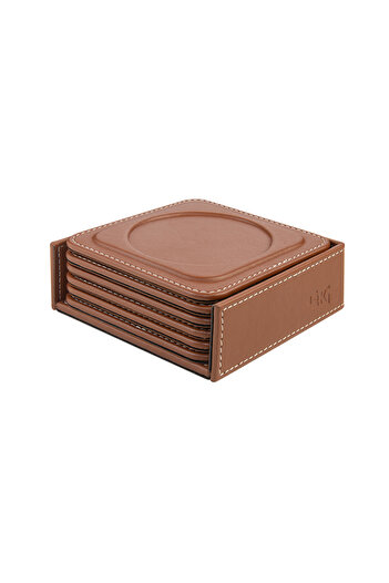 2K Coasters, Set of 6, Desktop Round Cup Coaster, Vegan Faux Leather, 11X11 Cm., Tan