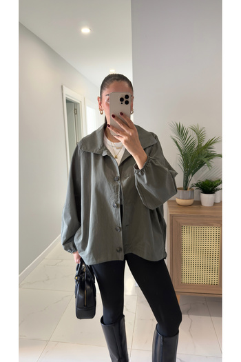 BİRCANÇİL Rome Khaki Button Detailed Short Trench Coat
