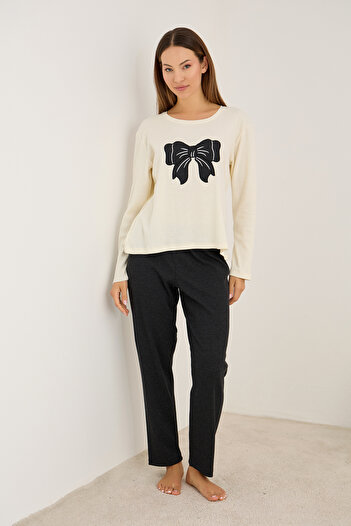 Siyah İnci Anthracite Bow Embroidered Cotton Ribbed Camisole Knitted Pajama Set25226012