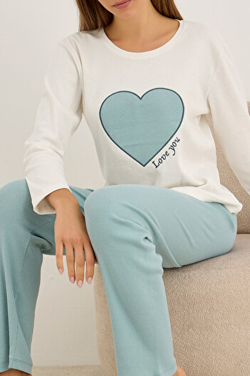Siyah İnci Green Heart Embroidered Cotton Ribbed Camisole Knitted Pajama Set25226013
