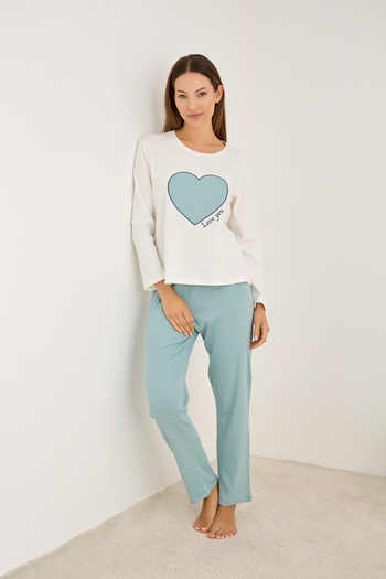 Siyah İnci Green Heart Embroidered Cotton Ribbed Camisole Knitted Pajama Set25226013