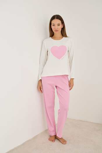 Siyah İnci Pink Heart Embroidered Cotton Ribbed Camisole Knitted Pajama Set25226013