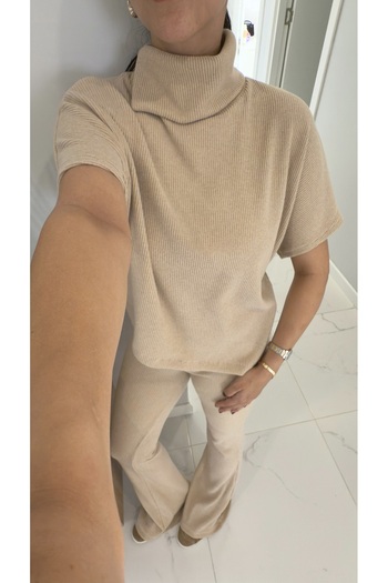 BİRCANÇİL Dlvin Sia Beige Asymmetrical Cut Knitted Pants Set