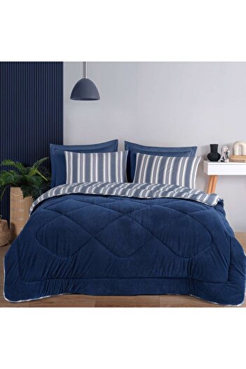 Eponj Home Winter quilted double bed sleeping set with velvety surface, Soft Line Blue