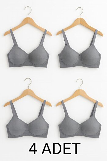 enmodaiçgiyim 4 Pieces of Gray Cotton Unwired Non-Padded Soft Sponge Bras
