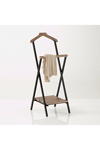 MAVİ TREND Special Series Oak Wood Silent Butler Black Metal Double-Topped Standing Hanger Rack Model