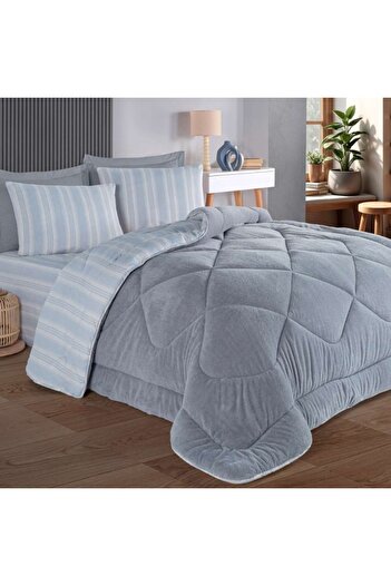 Eponj Home Winter quilted double bed sleeping set with velvety surface, Soft Line Light grey