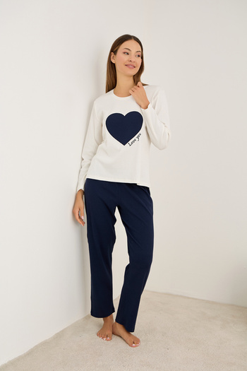 Siyah İnci Navy Blue Heart Embroidered Cotton Ribbed Camisole Knitted Pajama Set25226013