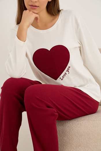 Siyah İnci Burgundy Heart Embroidered Cotton Ribbed Camisole Knitted Pajama Set25226013