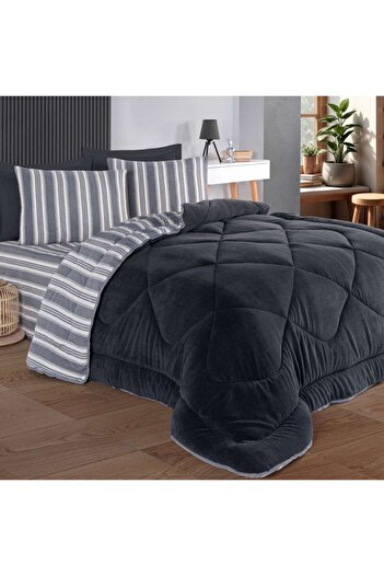 Eponj Home Winter quilted double bed sleeping set with velvety surface, Soft Line Anthracite