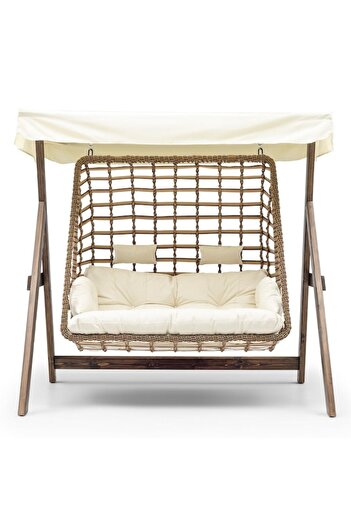 OEM Garden Swing Vienna, Rattan with Wooden Frame, Cream, 1900mmx1500x2100mm