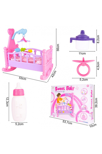 MalPlay Rocking crib for dolls, with hanging carousel, pacifier and bottle included, Sweet Baby, 5