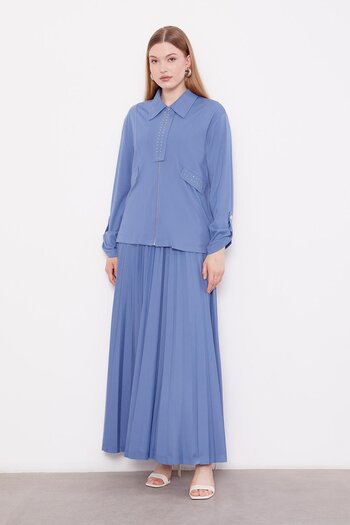 Levidor Indigo Stone Collar Detail Pleated Skirt Set