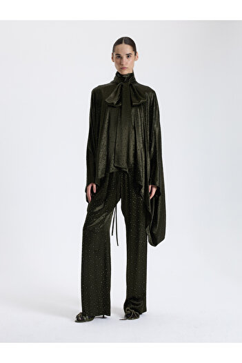 BAQA Khaki Stone Embroidered Draped Blouse
