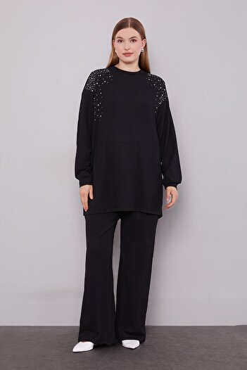 Levidor Black Omzu Stone Embroidered Double Suit