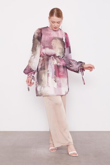 Levidor Plum Mixed Brush Pattern Chiffon Tunic