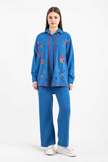 Hatun Atila Embroidered Hera Fabric Double Suit 8563 Blue