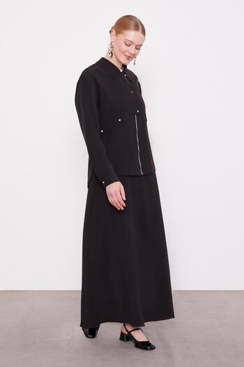 Levidor Black Pocket Detailed Zippered Skirt Set
