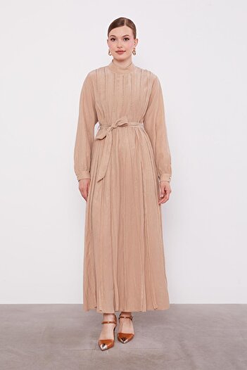 Levidor Beige Waist-Tie Pleated Detail Cupra Dress