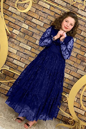 Riccotarz Girl's Navy Blue Dress with Transparent Tulle on the Sleeves and Collar and Leaf Detailing