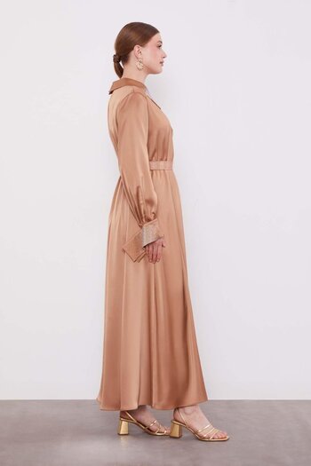 Levidor Mink Stone Detailed Satin Dress