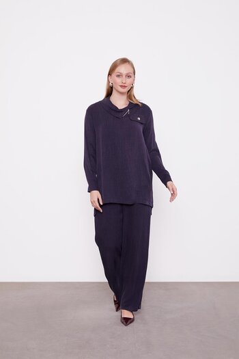 Levidor Navy Blue Zipper Collar Button Pocket Detailed Tunic Set