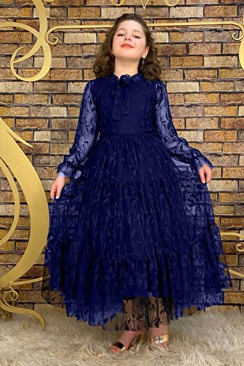 Riccotarz Girl's Navy Blue Dress with Transparent Tulle on the Sleeves and Collar and Leaf Detailing