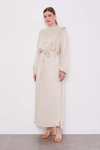 Levidor Beige Floral Stone Detailed Cupra Dress