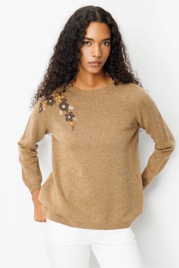 Desen Triko Women's Crew Neck Shoulder Embroidered Wool Sweater V.Camel