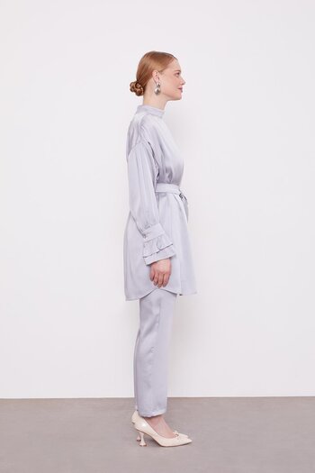 Levidor Gray Sleeve Ruffle Detailed Double Suit