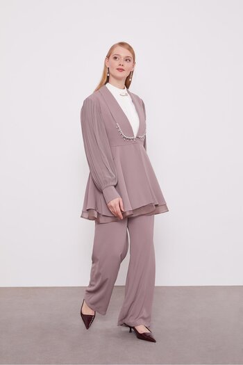 Levidor Mink Chiffon Sleeves Stone Detail Two Piece Set