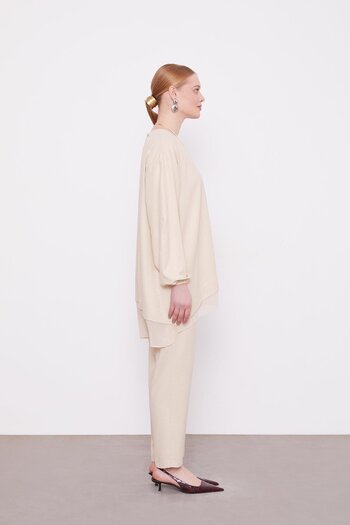 Levidor Beige Asymmetrical Cut Chiffon Detailed Tunic Set