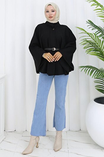 hafsamina Belted Cashmere Poncho Black Hm2842