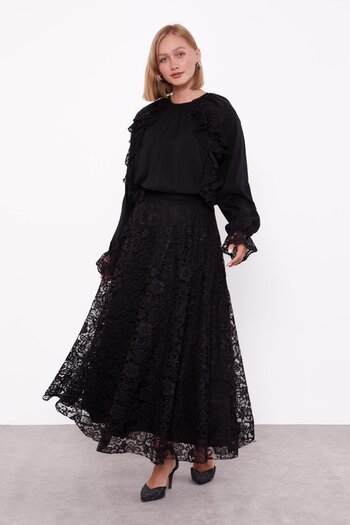 Levidor Black Shoulder Ruffle Detailed Cupra Skirt Set