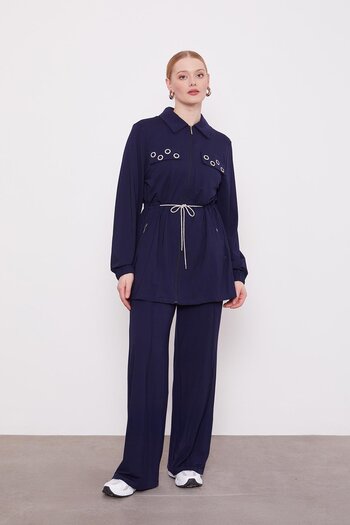 Levidor Navy Blue Pocketed Waist-Tie Double Suit