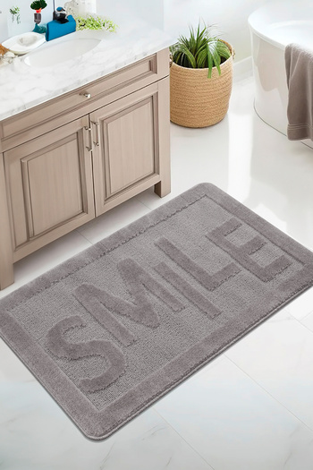 Konfor Halı Natural Non-Slip Base Bath Mat Long Lasting Water Absorbent Washable Written Mat Smile Gray 60X100