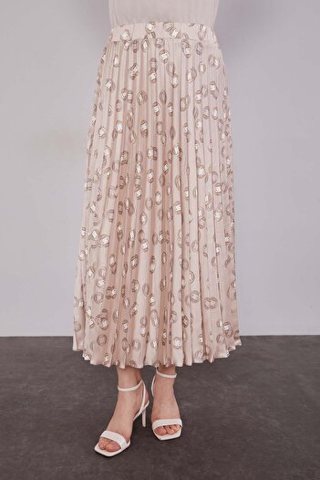 Levidor Beige Pleated Patterned Skirt Set